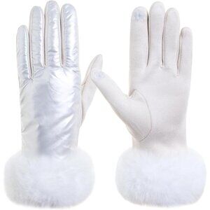 Women's Faux Leather White Fleece Fur Cuffs Touchscreen Winter Warm Gloves